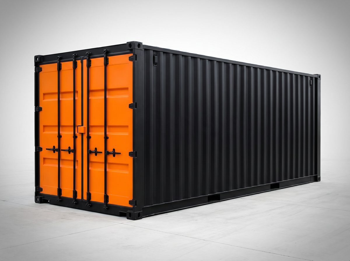 Matte black steel storage container with orange doors